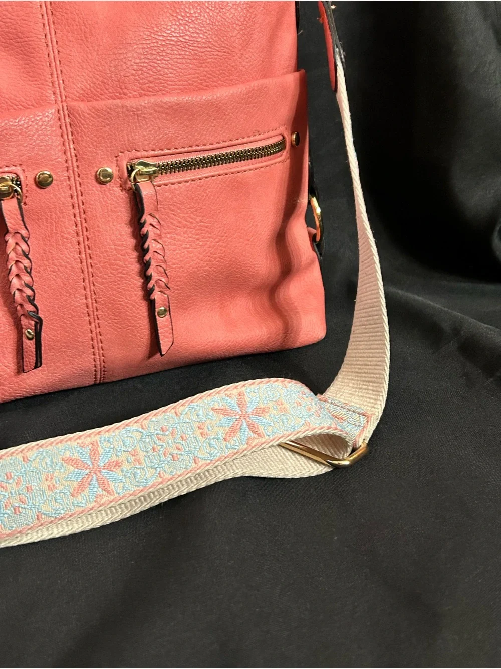 Coral Pink & Blue Crossbody Bag Floral Patterned Strap